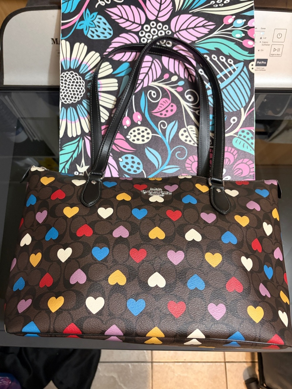 Coach Brown Tote with Multicolor Heart Pattern